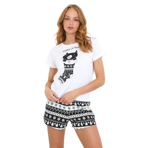 Ladies Merry Catmas Short Pyjama Set