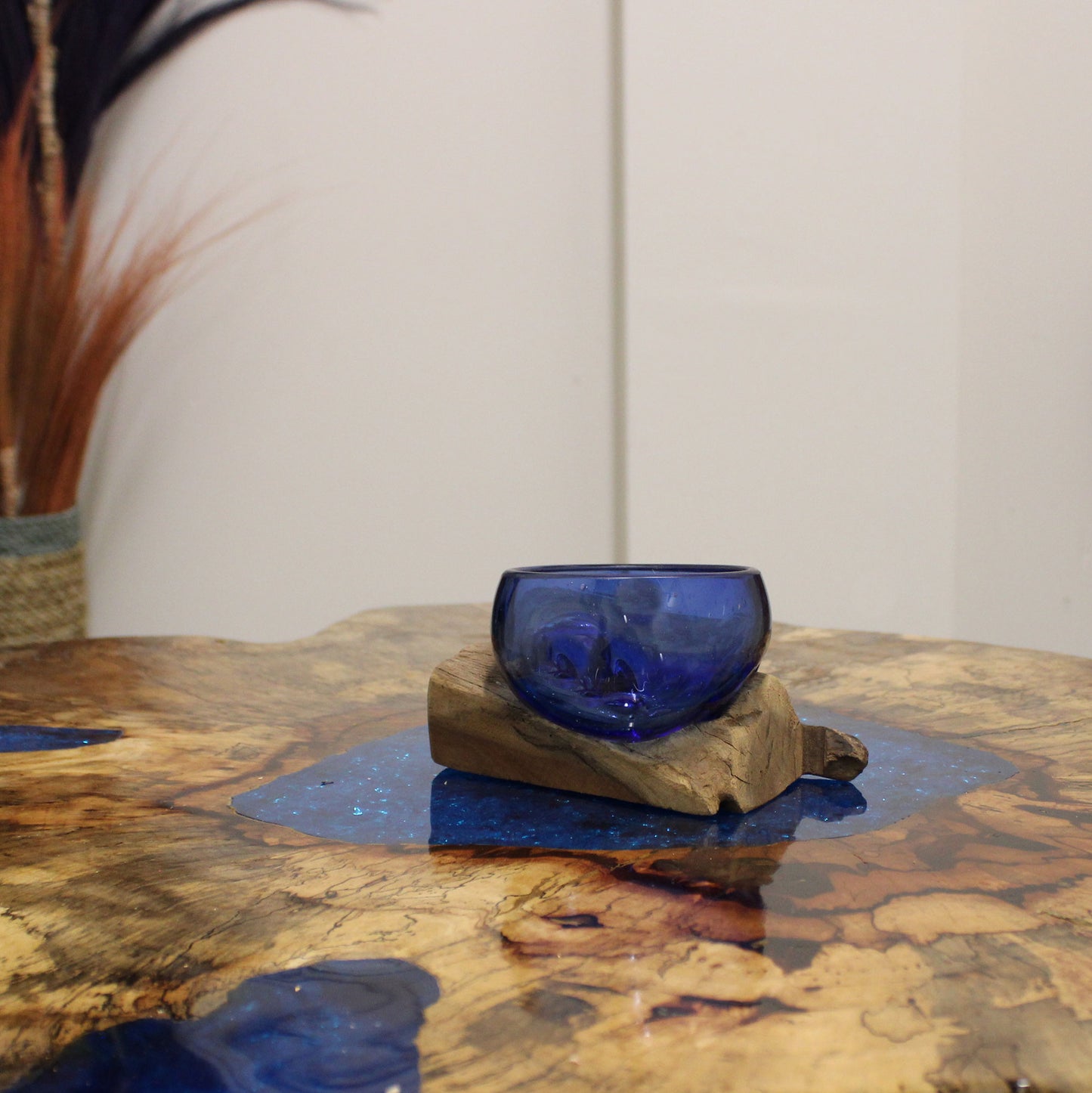 Molten Glass Mini Blue Bowl on Wood