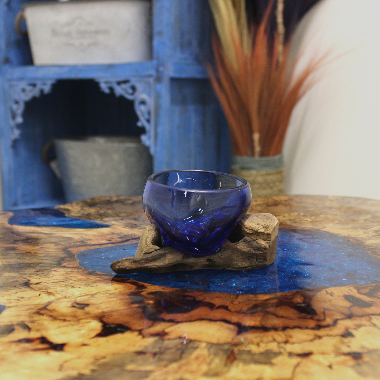 Molten Glass Mini Blue Bowl on Wood