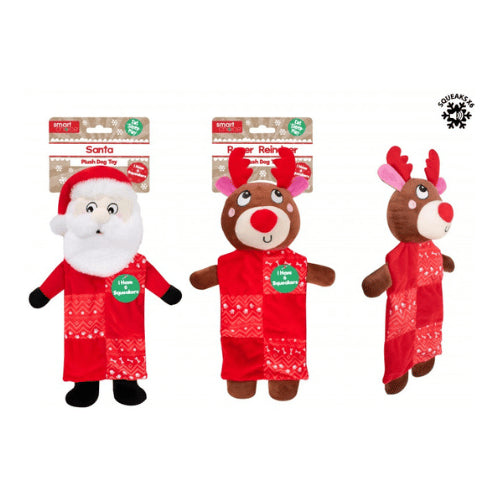 Plush 6 Squeaker Santa + Rudolph Christmas Dog Toy