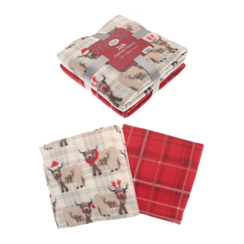 Pack Of 2 Festive Design Fleece Throws 125x150cm - Highland Cow