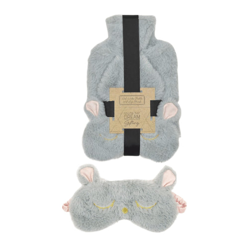 Grey Faux Rabbit Fur 1.5 Litre Hot Water Bottle WIth Eye Mask