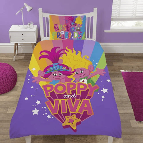 Official Trolls Poppy + Viva Reversible Single Duvet Set