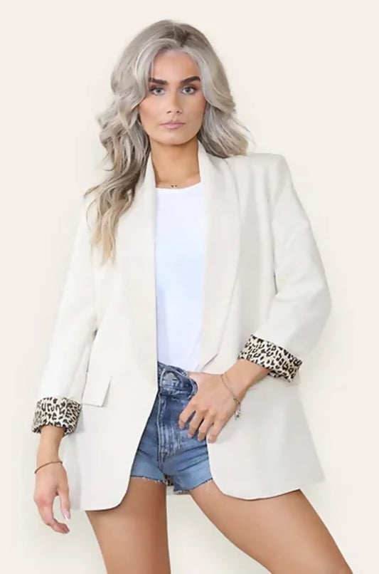 Beige Leopard Cuff Print Blazer