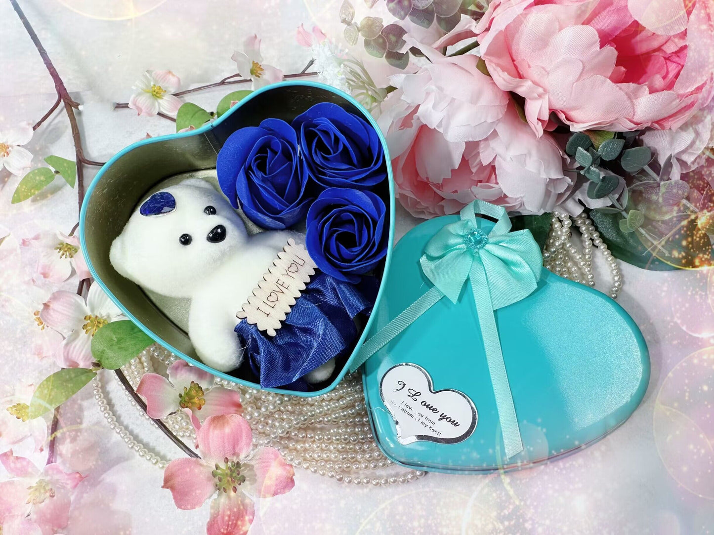 Cute Teddy Bear and Rose Flowers in Heart Shaped Tin (various colours)