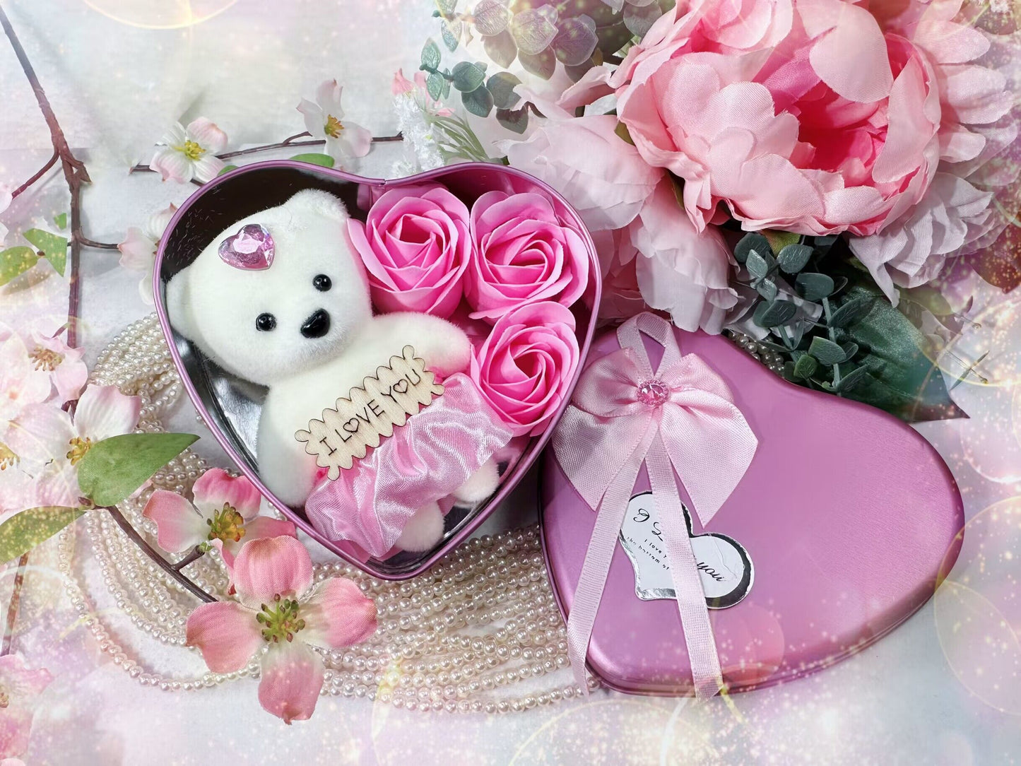 Cute Teddy Bear and Rose Flowers in Heart Shaped Tin (various colours)