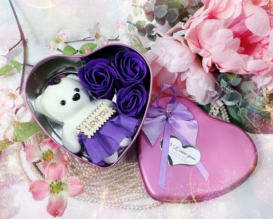 Cute Teddy Bear and Rose Flowers in Heart Shaped Tin (various colours)