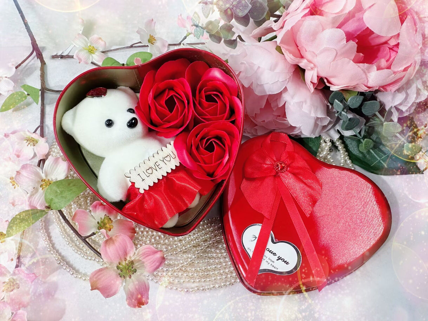 Cute Teddy Bear and Rose Flowers in Heart Shaped Tin (various colours)