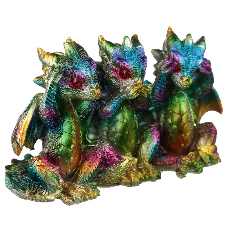 Hear No See No Speak No Metallic Rainbow Dragon Figurine