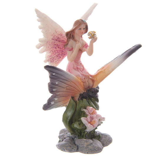 Cute Flower Fairy Riding Butterfly Figurine Pink