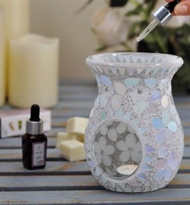 Large Crackle Mosaic Wax/Oil Warmer - Silver Flowers 14cm