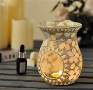 Large Crackle Mosaic Wax/Oil Warmer - Silver Flowers 14cm