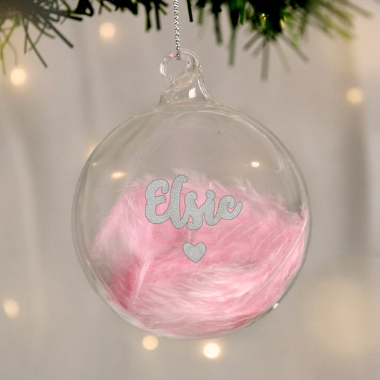 Personalised Pink Feather Silver Heart Glass Bauble