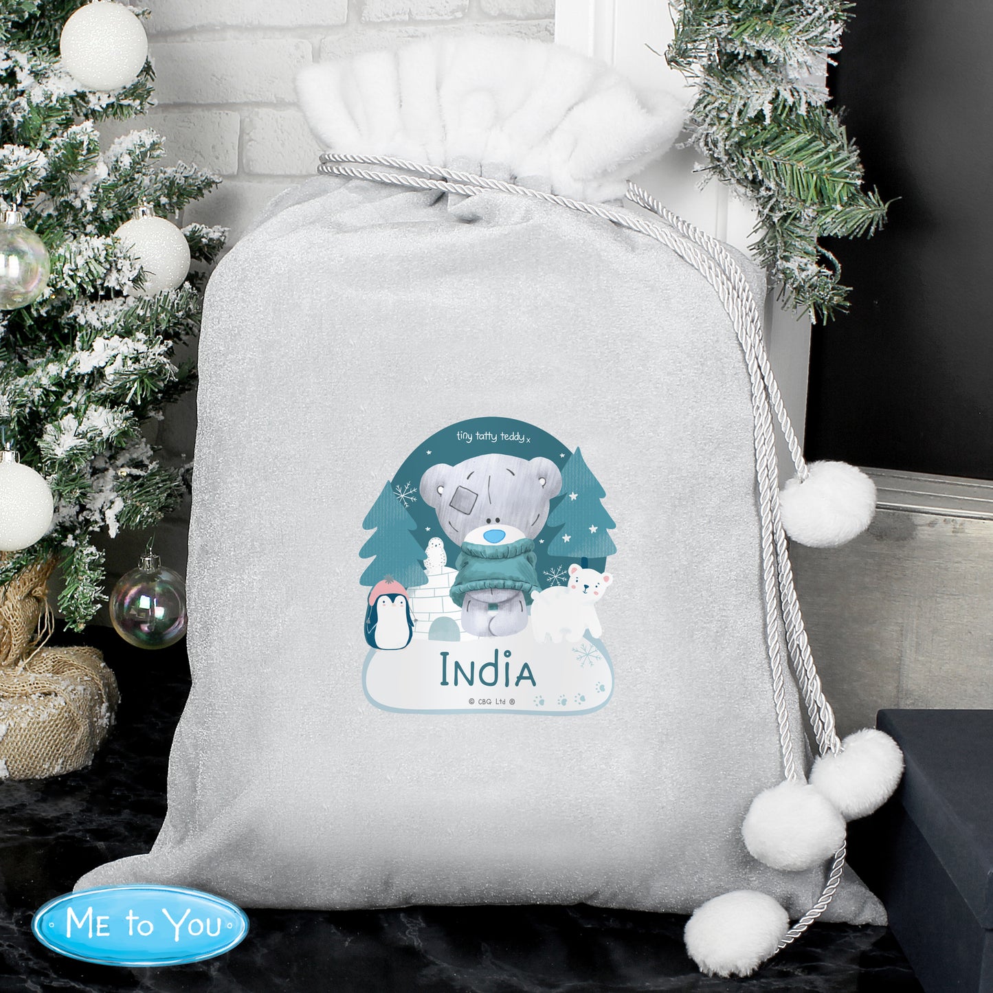 Personalised Winter Explorer Tiny Tatty Teddy Luxury Silver Grey Pom Pom Sack