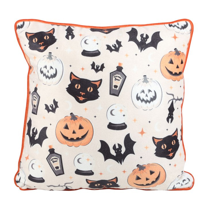 Square Spooky Cat and Pumpkin Print Cushion 35cm