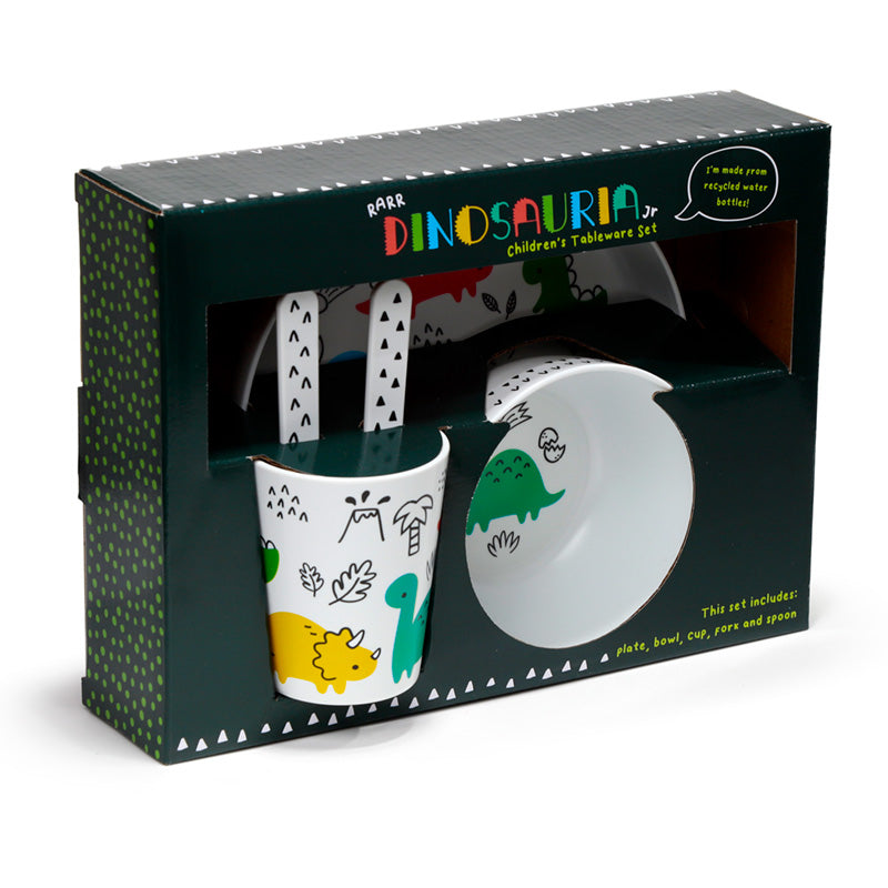 Recycled RPET Set of 5 Kids Cup, Bowl, Plate & Cutlery Set - Dinosauria