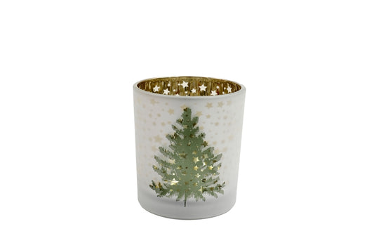 Xmas Tree Round Frosted Candle Holder 8cm