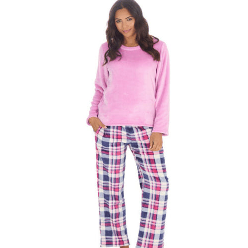 Ladies Soft Fleece Lounge Set Pink Check