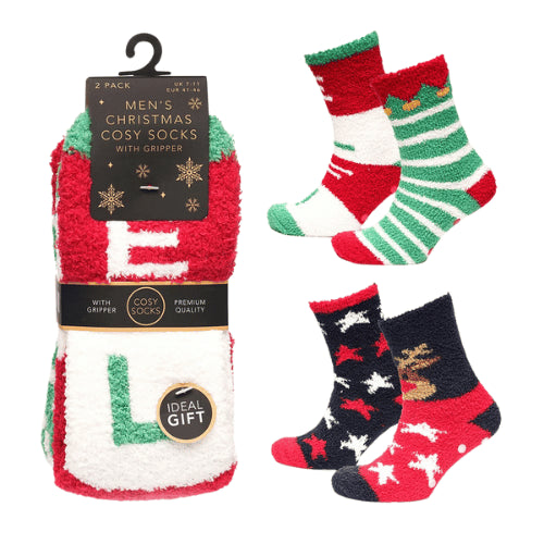 Mens 2 Pack Christmas Designs Cosy Socks