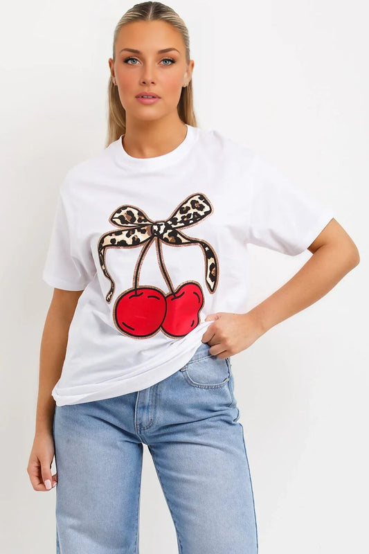 White Leopard Print Bow Cherry T-Shirt