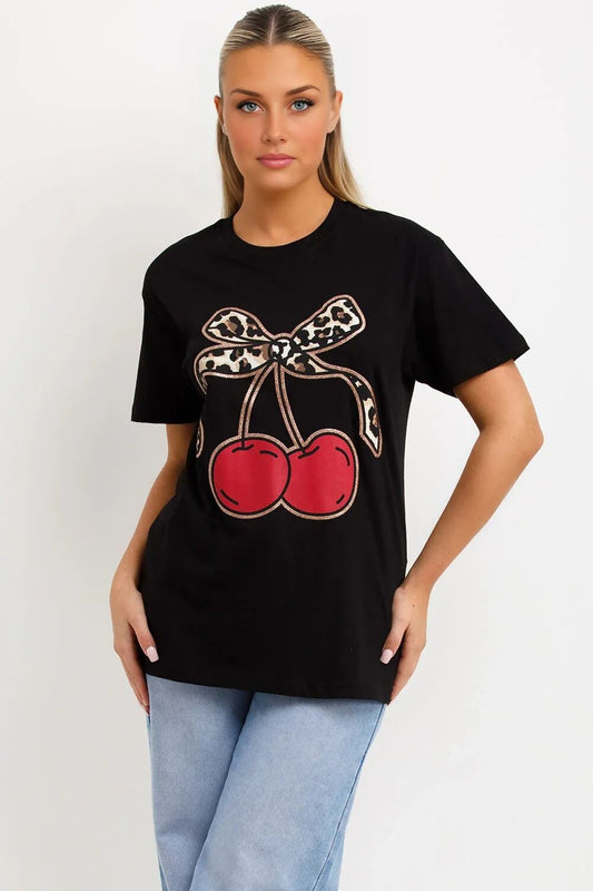 Black Leopard Print Bow Cherry T-Shirt