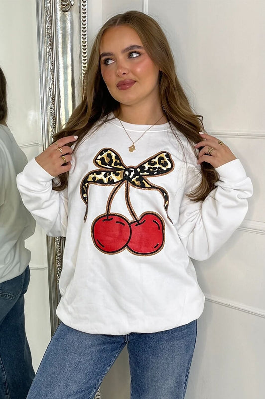 White Leopard Print Bow Cherry Sweatshirt